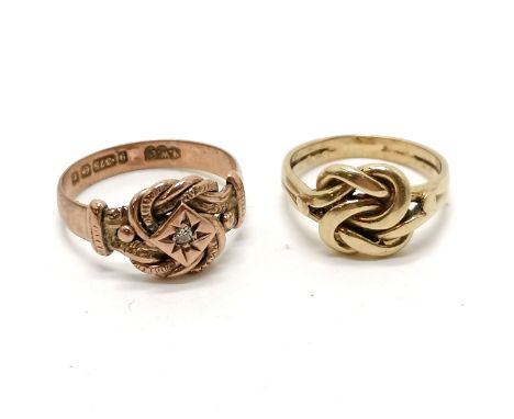 Antique 9ct hallmarked rose gold ring with diamond set knot design - size Q t/w 9ct hallmarked (worn marks) gold knot ring - 