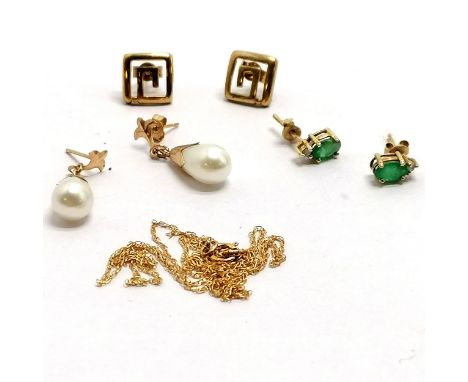 3 pairs of 9ct gold earrings - marked gold emerald / diamond earrings t/w unmarked pearl drop earrings &amp; square design t/