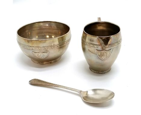 WWI period (1914/16/17) Roberts &amp; Belk silver sugar basin + spoon &amp; jug - basin 9.5cm diameter - 286g total &amp; bot