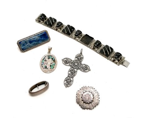 Antique silver brooch, large cross (7cm drop), south american pendant set with stone, black stone bracelet (1 missing) etc - 