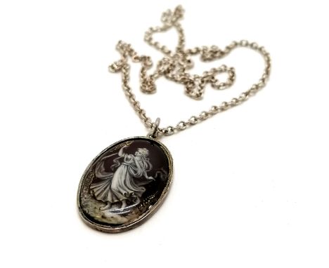 Antique Limoges enamel panel pendant (3.4cm drop) of a classical scene depicting a lady on a 44cm sterling silver chain 