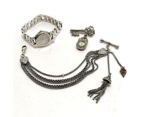 White metal albertine 5 strand chain - total length 27cm, silver marcasite brooch watch in the form of a key &amp; padlock (r