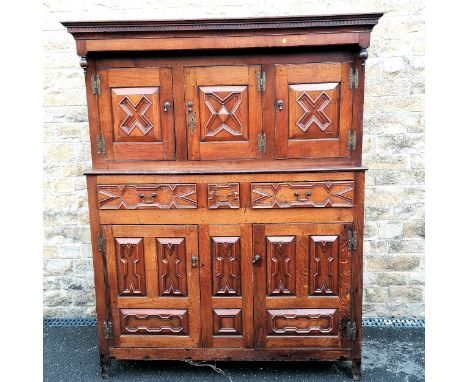 Antique large Oak court cupboard with panel detail with pegged construction with original key and brass H hinges 182cm high x