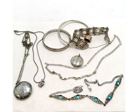 Qty of silver jewellery inc unusual bangle, gate bracelet (missing catch), blue stone set necklet, patch box pendant on chain