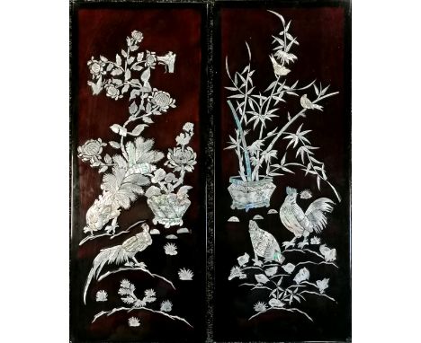 Pair of Oriental lacquered wood with mother of pearl decoration of birds / prunus - 50cm x 20cm 