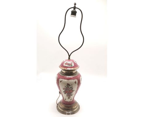 Sampson Oriental style famille rose hand decorated lamp base with 800 silver marked mounts - 77cm to top of mount &amp; base 