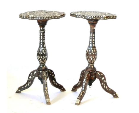 A Pair of Damascus Tables, late 19th/early 20th century, inlaid throughout with geometric motifs of mother-of-pearl and ivory