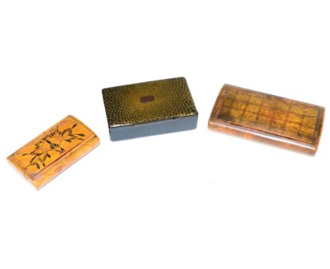 A Lacquer Snuff Box, 19th century, the hinged cover with gilt star burst decoration, 7.5cm wide; A Burr Wood Snuff  Box, the 