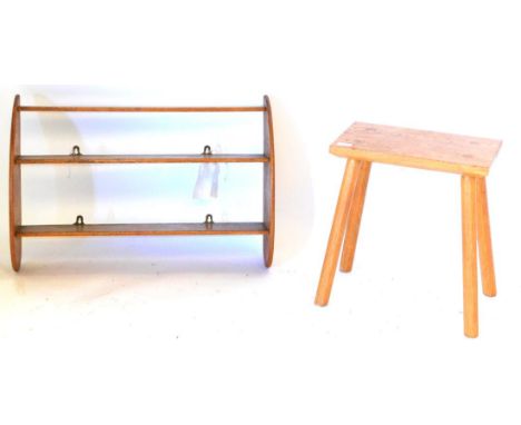 A Yorkshire School Oak Stool, on four octagonal legs, unmarked, 45cm; and An Oak Hanging Shelf Rack, with shaped ends, unmark