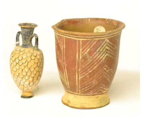 A Roman Style Terracotta Scent Flask, as an amphora with scale decoration, 11cm high; and A Similar Beaker, with incised slip