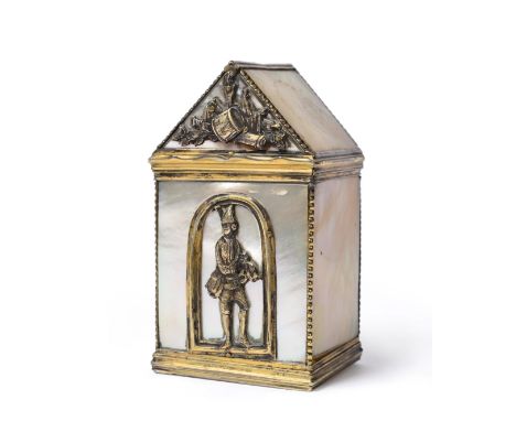 A Café de Paris Style Gilt White Metal Mounted Mother-of-Pearl Box and Cover, 19th century, in the form of a sentry hut, the 