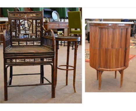 A George III Bamboo Open Armchair with Rattan and Boarded Seat, 49cm by 44cm by 87cm high; A Bamboo Side Table; and A Cylinde