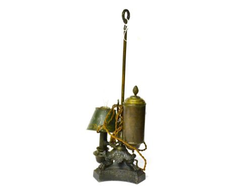 A Regency Bronze Student's Lamp, with cylindrical reservoir, on a tripodium base and tricorn plinth, 49cm high, converted to 
