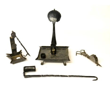 A Pair of Steel Scissor Candle Snuffers, mid 18th century, with scroll handles, 18cm; A Toleware Chamberstick, with shell fin