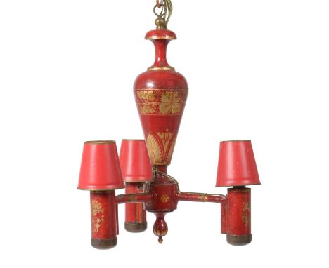 A Red Lacquer Three-Light Chandelier, mid 19th century, with urn shaped column flanked by three branches over a pendant finia