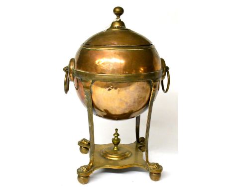A Copper Samovar and Cover, 19th century, of ovoid form with ring handles, on four reeded supports, quatrefoil plinth and bal