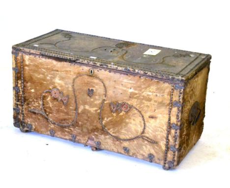 An 18th Century Hide Covered Trunk, with nailed decoration, 110cm by 54cm by 54cm (a/f) 