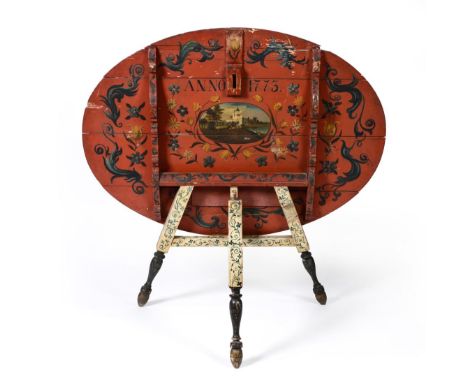 A 19th Century Dutch Painted Folding Table, the oval top painted with a rustic scene of figures in a landscape, on a joined a