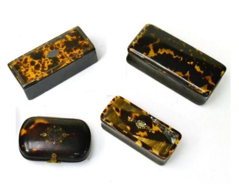 A Horn and Tortoiseshell Snuff Box, 19th century, the hinged cover with white metal and mother-of-pearl foliate cartouche on 
