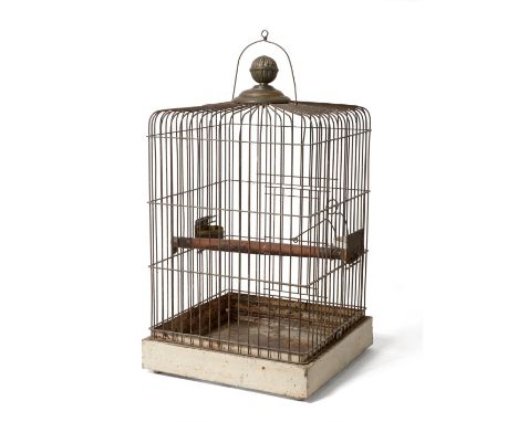 A Wirework Birdcage, 19th century, of rectangular form with fluted ball finial, 76cm high 