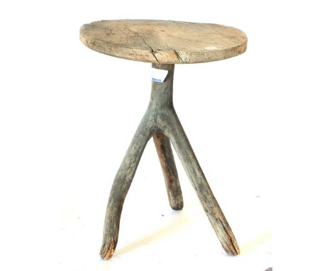 A 19th Century Oak Tripod Table, the circular top formed from a cross-section of a tree trunk, the base with three splayed br