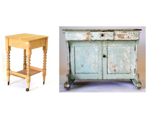 An Early Victorian Pine Cupboard, later painted green, with moulded top above a small frieze drawer, cupboard doors below, pl