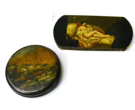 A Lacquer Cigar Case, 20th century, painted with a reclining nude, the reverse inscribed Sigars, 11cm long; and A Circular Sn