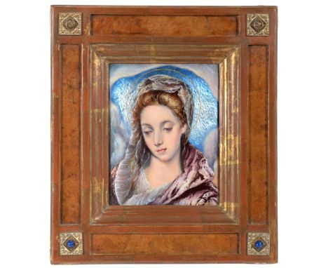 An Enamel Portrait of the Virgin, after El Greco, wearing a blue headdress and purple shawl, 19cm by 10cm, framed  Minor scra