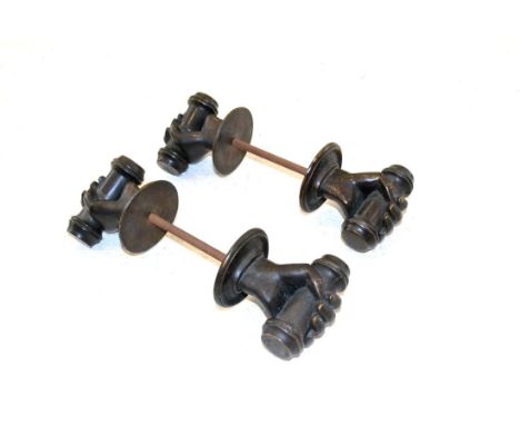 Two Pairs of Bronze Door Handles, in Renaissance style, each modelled as a hand holding a cylinder, handles 9.5cm deep Typica