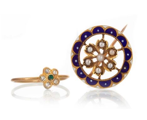 ENAMELLED FLOWER BROOCH, ALONG WITH A PASTE CLUSTER RING,  the brooch set with blue and white enamel and central seed pearl c