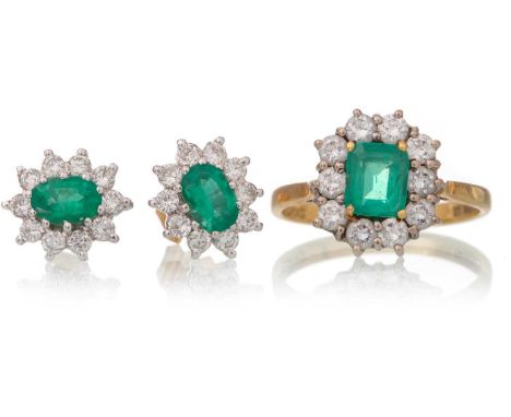 EMERALD AND DIAMOND RING AND EARRING SET, each of cluster design, in eighteen carat goldGenerally worn condition. Gross weigh