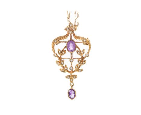 AMETHYST AND SEED PEARL HOLBEIN PENDANT, set with oval amethysts and seed pearls, in nine carat gold, on a modern chainQty: 9