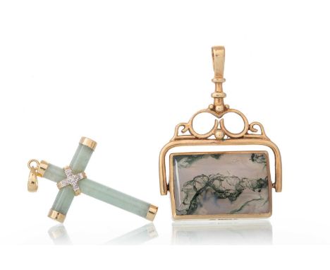 JADE CROSS PENDANT, ALONG WITH A SWIVEL FOB,  the cross set with small diamonds, the swivel fob set with moss agate and mothe