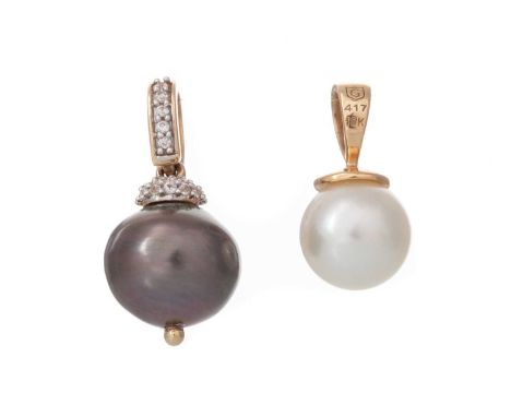 PEARL AND DIAMOND PENDANT AND ONE OTHER, one marked 9K, the other 10K