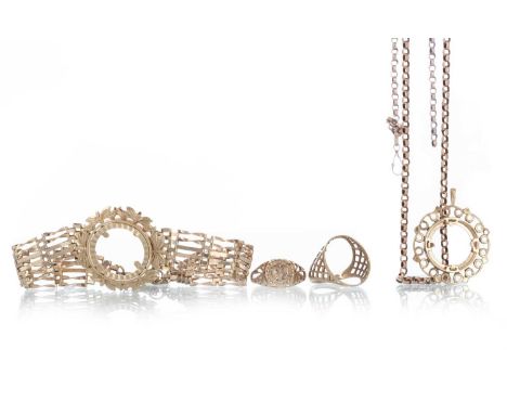COLLECTION OF SOVEREIGN MOUNT JEWELLERY, ALONG WITH OTHER ITEMS,  comprising a bracelet and two rings, along with two chains 