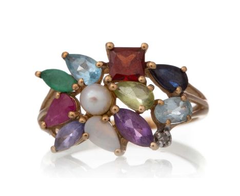 MULTI GEMSTONE RING, with vari-cut gemstones including ruby, sapphire and emerald, in nine carat gold, size MQty: 2.5g