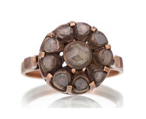DIAMOND CLUSTER RING, set with rose cut diamonds totalling approximately 0.45 carats, unmarked, size OQty: 3.9g