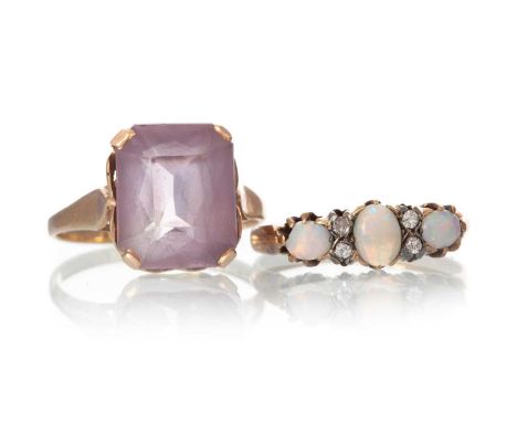 OPAL AND DIAMOND RING, AND ANOTHER RING the opal ring set in eighteen carat gold, the gemstone ring in nine carat goldQty: 6g