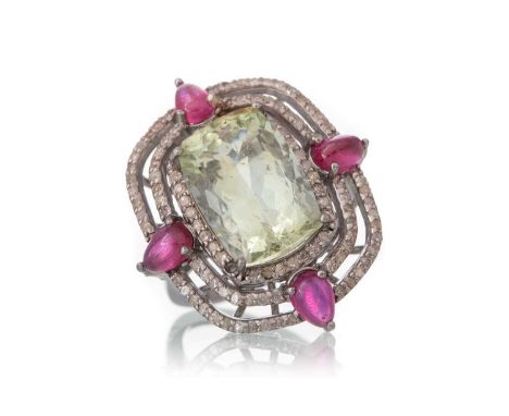 GEM SET AND DIAMOND COCKTAIL RING, set with central green gem within a halo of diamonds, flanked by rubies, in white metal, s