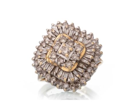 DIAMOND COCKTAIL RING,  set with round brilliant and baguette cut diamonds, marked 14K, size NQty: 8.3g