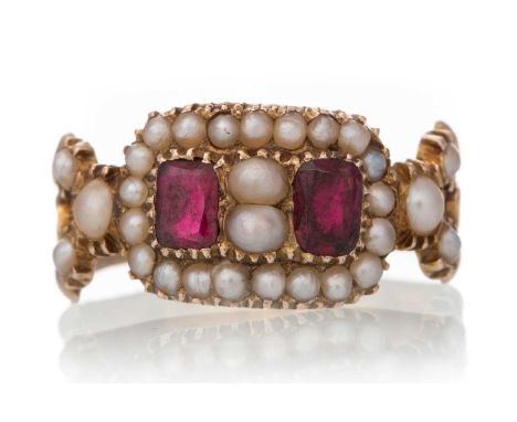 GEORGIAN GARNET AND PEARL RING, set with two garnets and seed pearls, closed back, unmarked, size N