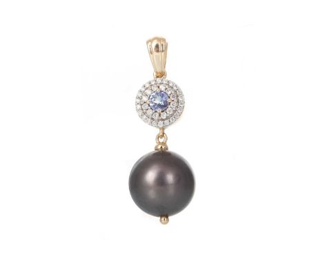 PEARL, TANZANITE AND DIAMOND PENDANT, in nine carat goldGenerally wornSome nicks to the pearlAll stones intact
