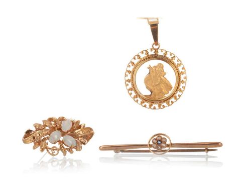 ST CHRISTOPHER PENDANT, ALONG WITH TWO BROOCHES, the pendant marked for nine carat gold, along with an opal brooch, unmarked 