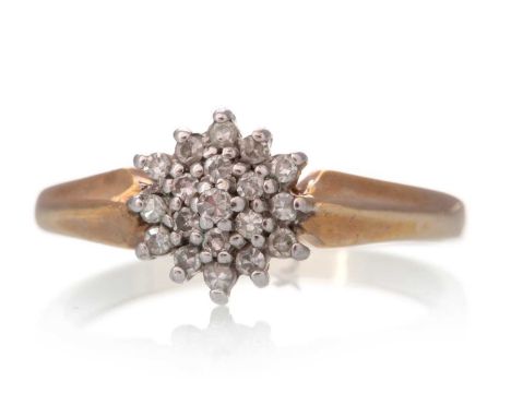DIAMOND CLUSTER RING, set with small round brilliant cut diamonds, in nine carat gold, size JQty: 2.1g
