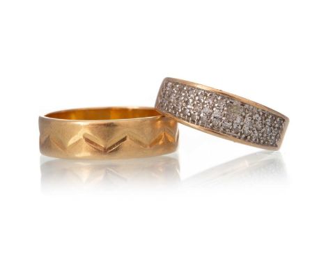 DIAMOND CLUSTER RING, AND A WEDDING BAND the cluster ring set with three rows of round brilliant cut diamonds in nine carat g