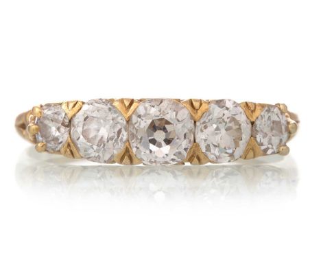 DIAMOND FIVE STONE RING, the Old Mine cut diamonds totalling approximately 1.20 carats, indistinctly marked, Qty: 3gPlease se
