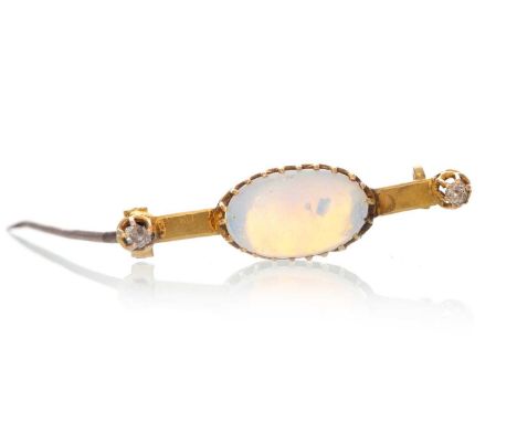 OPAL AND DIAMOND BAR BROOCH, the cabochon opal flanked by small diamonds, unmarked