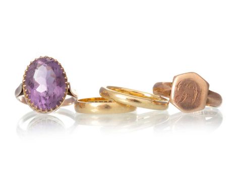 AMETHYST DRESS RING, AND THREE OTHER RINGS the amethyst ring unmarked, along with a nine carat gold signet ring and two eight