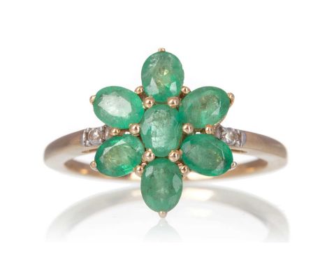 EMERALD AND DIAMOND PENDANT AND AN EMERALD CLUSTER RING, each in nine carat gold, ring size N 1/2Qty: 3.4g gross