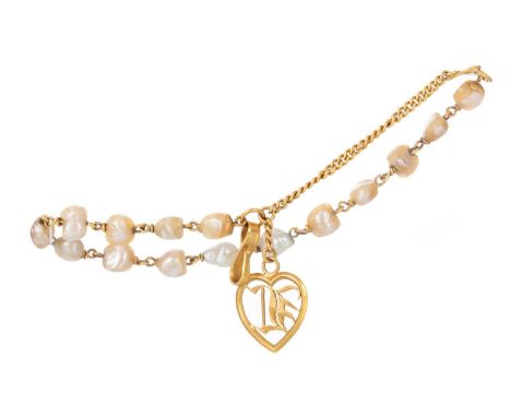 THREE PEARL BRACELETS, two of matching design with heart shaped charms, unmarked, the other in nine carat goldQty: 16.6g gros